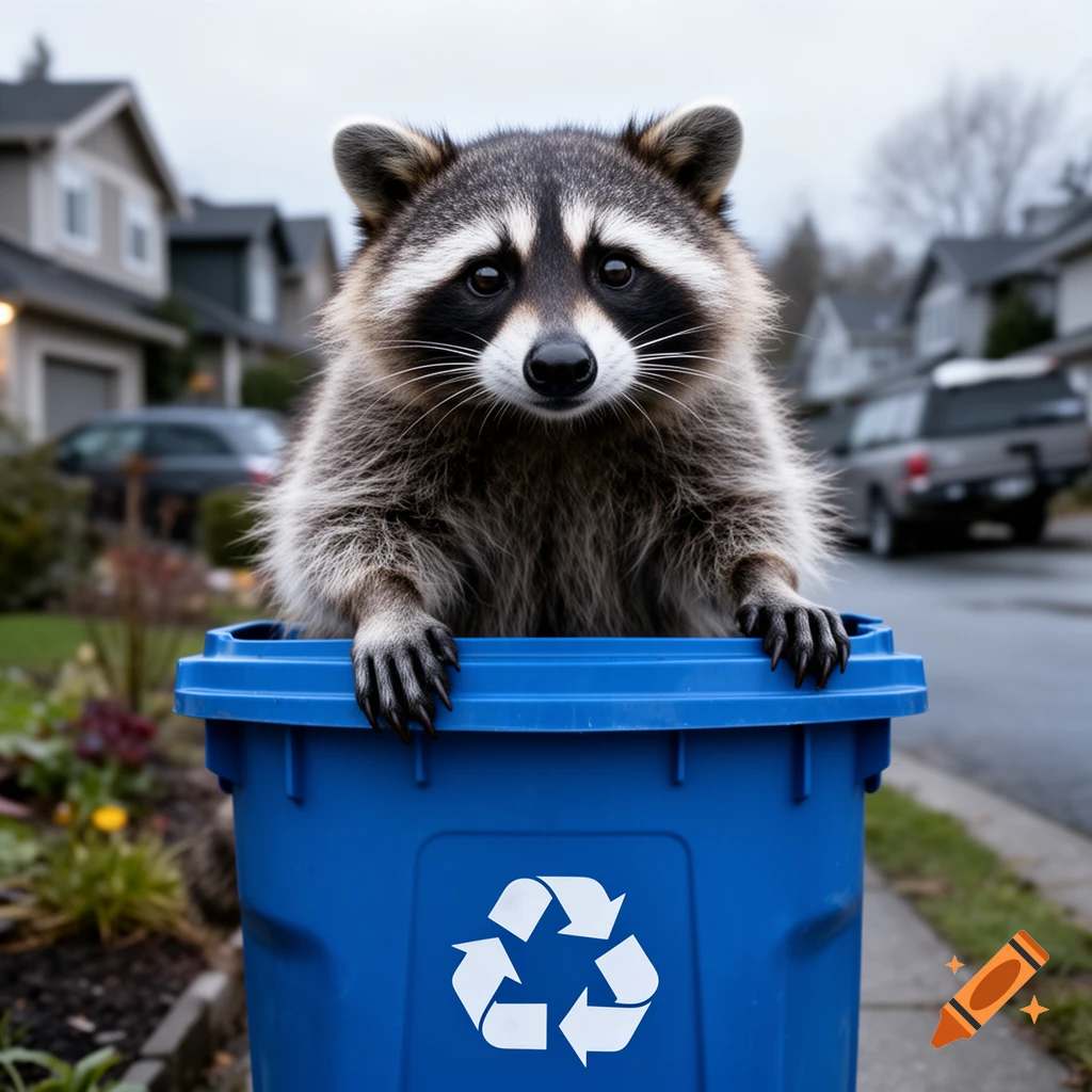 Fluffy raccoon peeking out of a blue recycling bin with a recycling symbol on a suburban street.