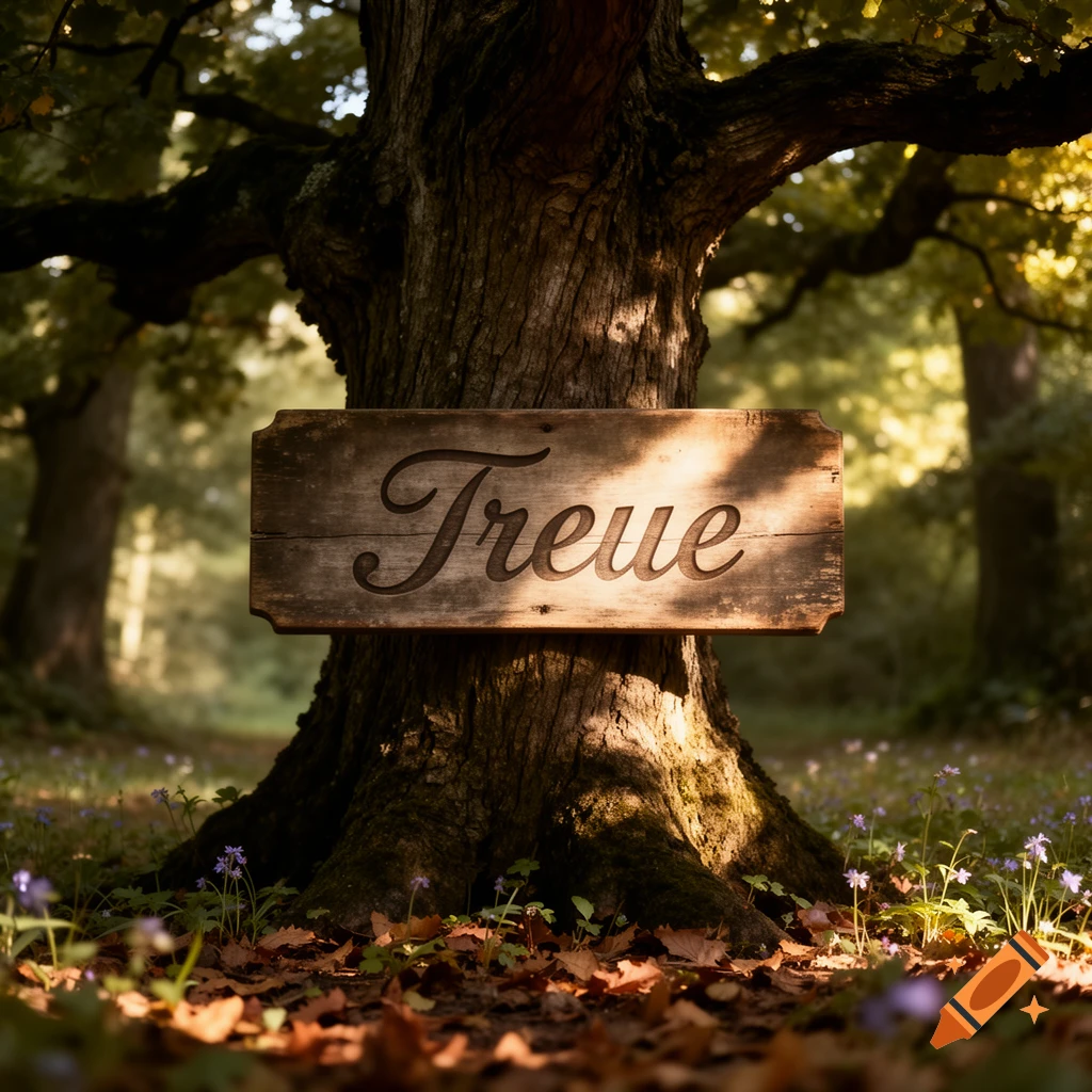 A wooden sign with 'Treue' carved into it attached to a large tree trunk in a sunny forest, surrounded by leaves and small purple flowers.