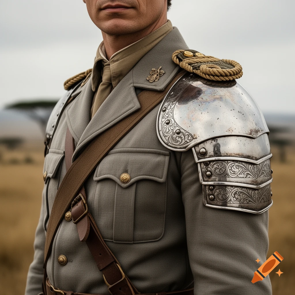 A man in a European 1900s safari-style uniform featuring a grey jacket, brown leather straps, and ornate metal shoulder armor, standing in a dry, grassy landscape.