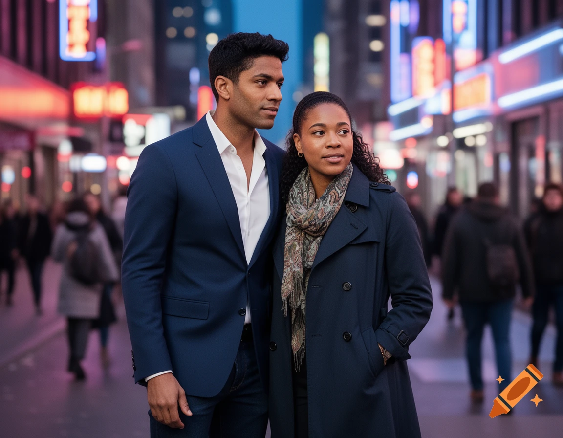 A man in a blue suit and a woman in a trench coat and scarf stand closely on a bustling city street at night.