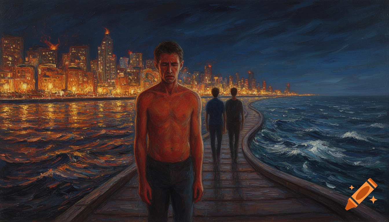 Oil painting of a shirtless man in despair on a pier, with a burning city on the left and two friends walking away, backs to viewer, on the right. Dark, wavy sea under a cloudy night sky.