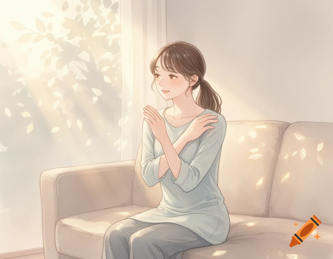 A Japanese woman with a ponytail sits on a beige sofa, her hands crossed, looking towards sunlight streaming through a window in a soft watercolor style.