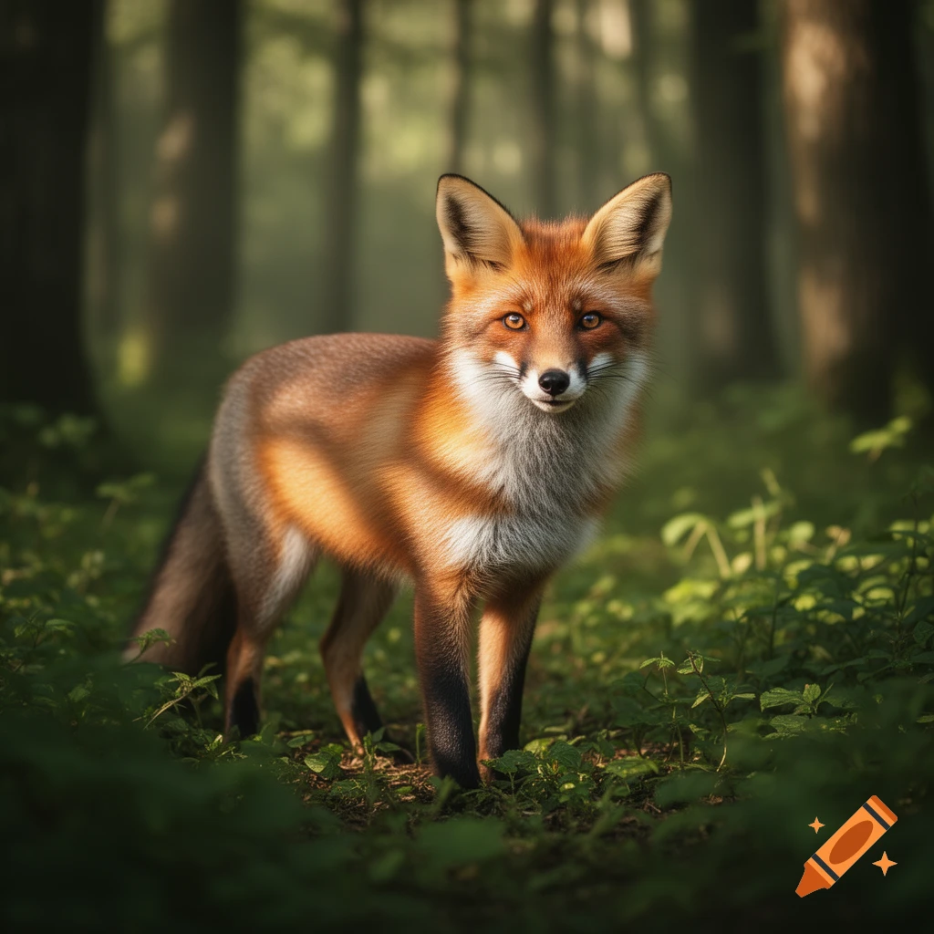 A cute red fox with bright eyes stands in a sun-dappled forest, looking directly at the viewer.
