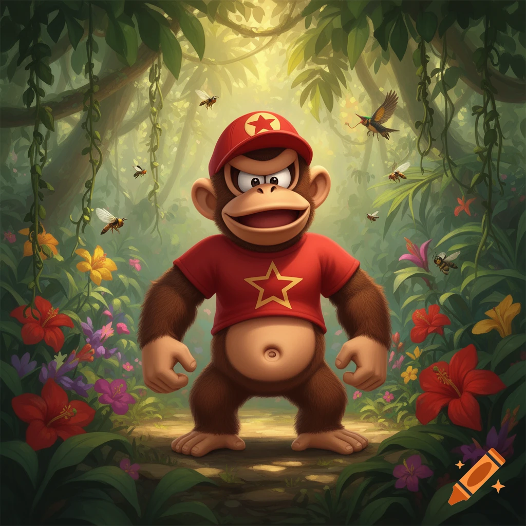 A cartoon monkey, inspired by Diddy Kong, with an outie belly button, stands in a lush jungle with bees and flowers.
