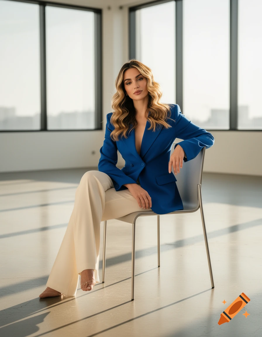 A woman with long wavy hair, wearing a blue blazer and white wide-leg pants, sits on a chair in a modern room with large windows.