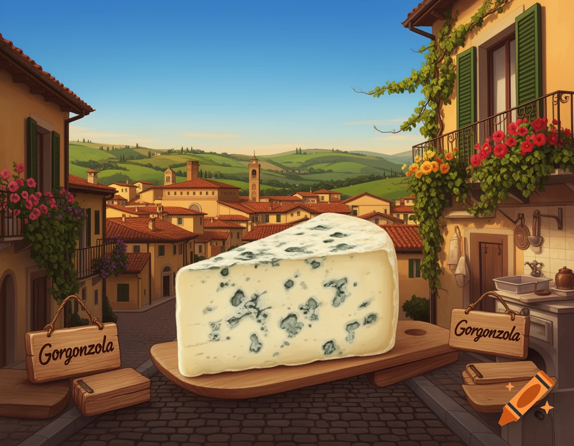 Illustration of a large Gorgonzola cheese on a wooden board in a scenic Italian village with signs saying 'Gorgonzola'.