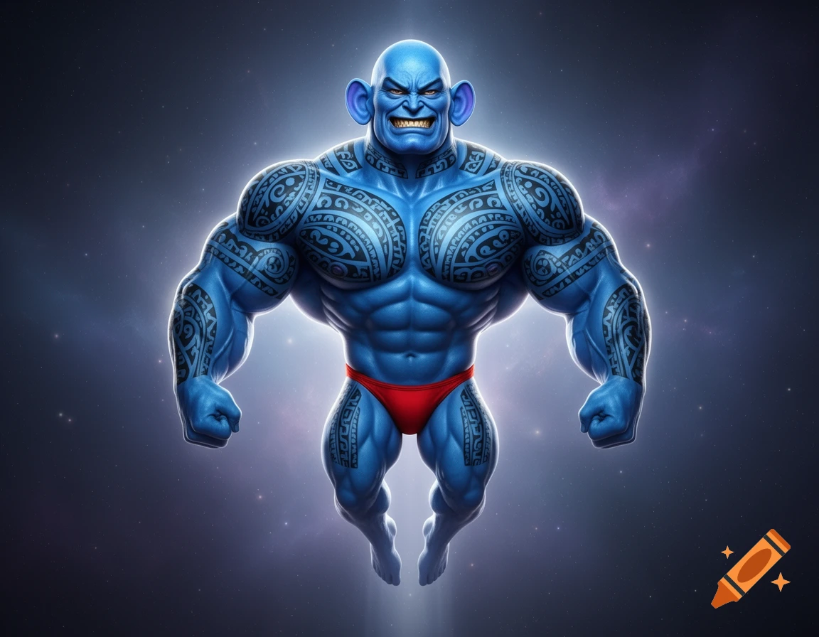 A muscular, blue, tattooed character resembling Stitch in a red posing thong floats in space, grinning with a defiant expression.