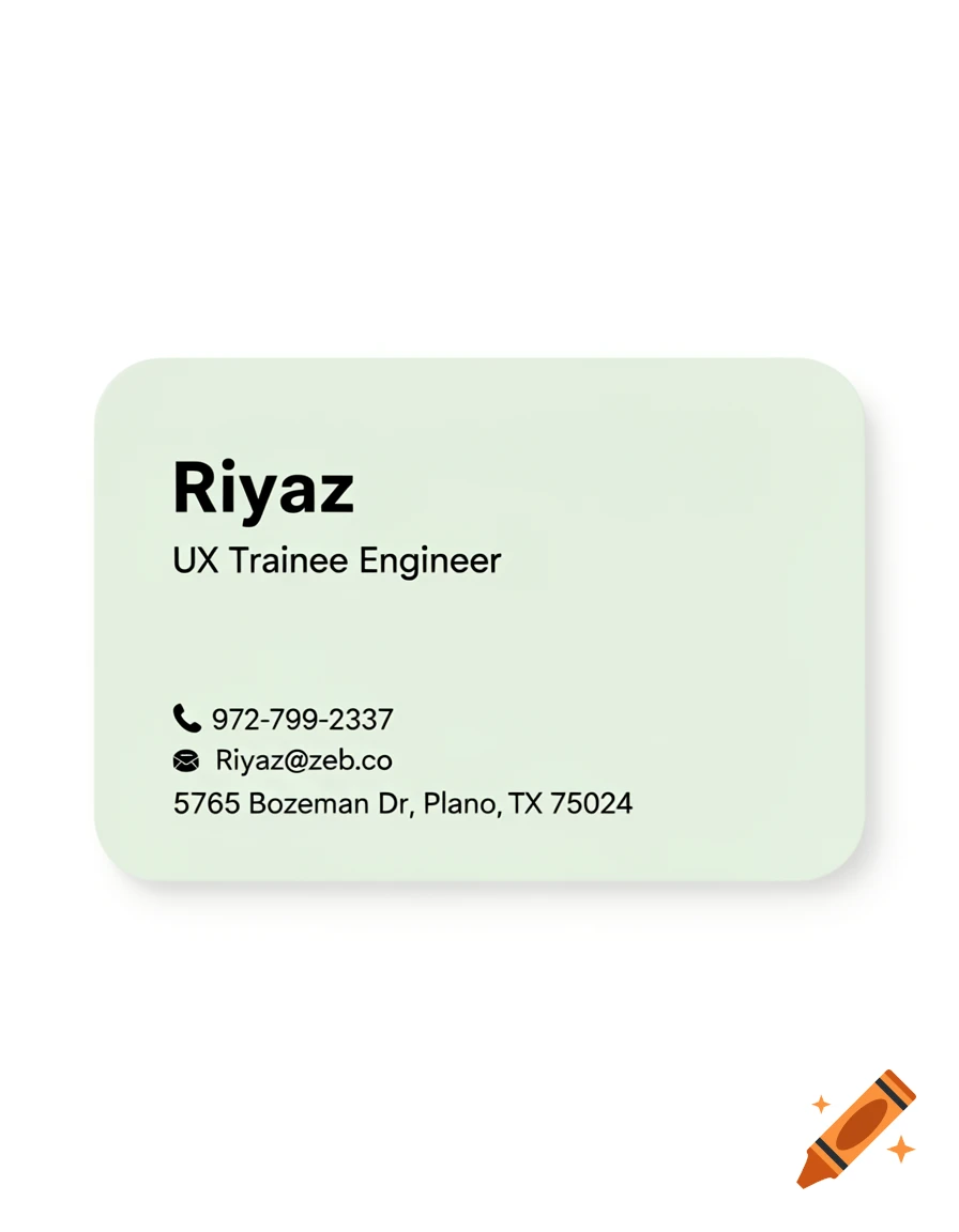 A light green business card with rounded corners. It displays "Riyaz", "UX Trainee Engineer", a phone number, email, and address.