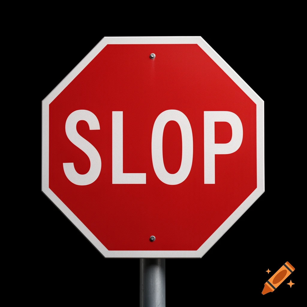 A red octagonal stop sign with the word "SLOP" in white capital letters, on a pole against a black background.