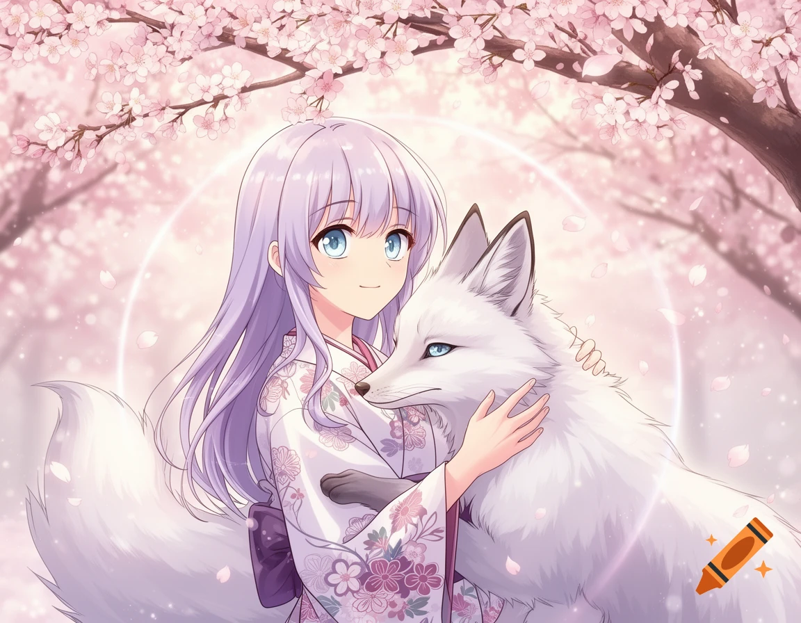 Anime girl with purple hair in a kimono hugging a white fox under falling pink cherry blossoms, bright fantasy illustration.