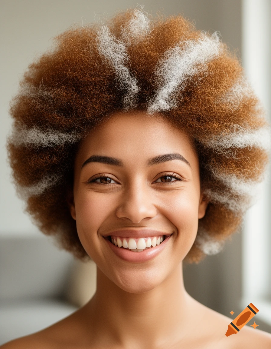 Close-up, photorealistic portrait of a smiling woman with mixed brown and white Afro hair and brown eyes.