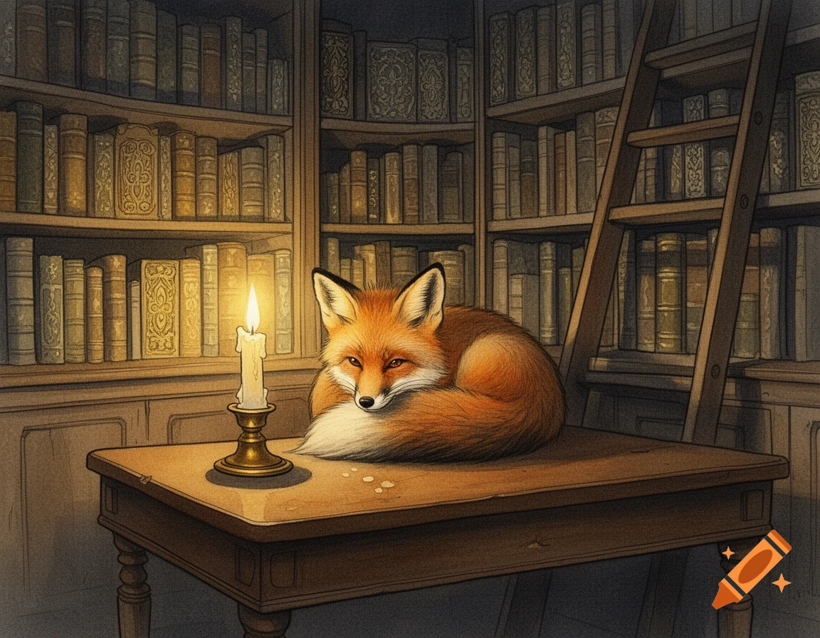 A red fox rests on a wooden table next to a lit candle in a cozy library, illustration style.