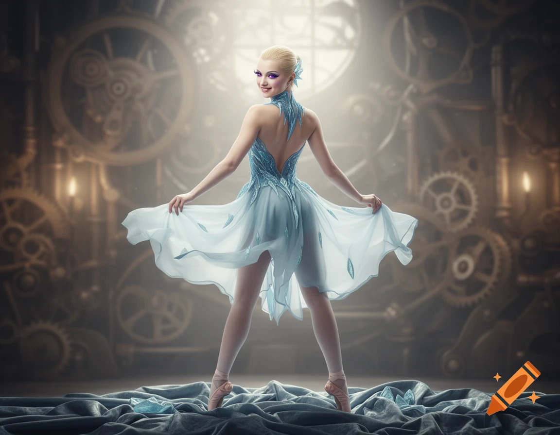 Photorealistic blonde dancer in a flowing icy-blue dress, posed on pointe in a steampunk room with large gears.