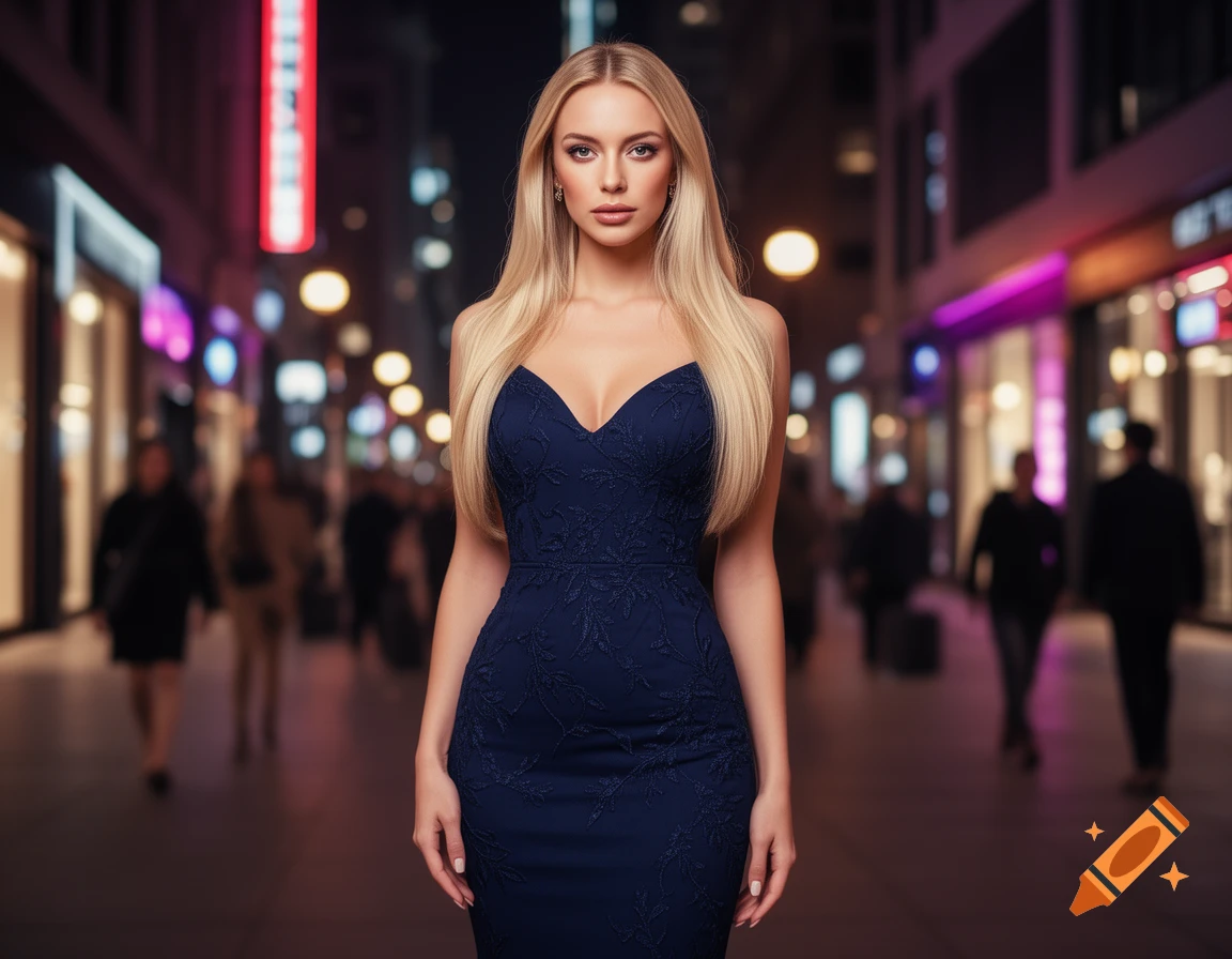 A beautiful blonde woman in a navy blue dress stands on a busy city street at night, with blurred lights and buildings in the background.