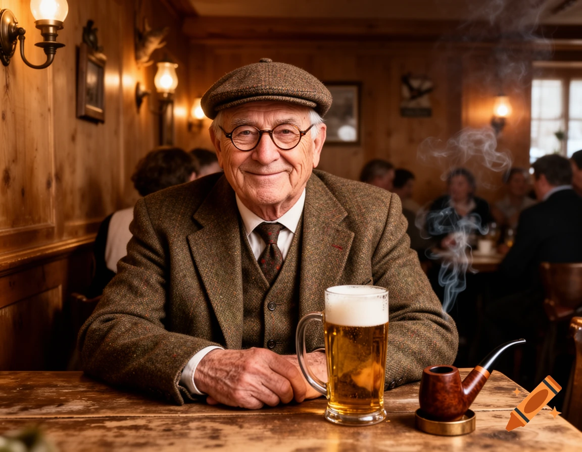 An older man in a tweed suit and flat cap smiles while sitting at a wooden table with a beer and a smoking pipe in a dimly lit pub.