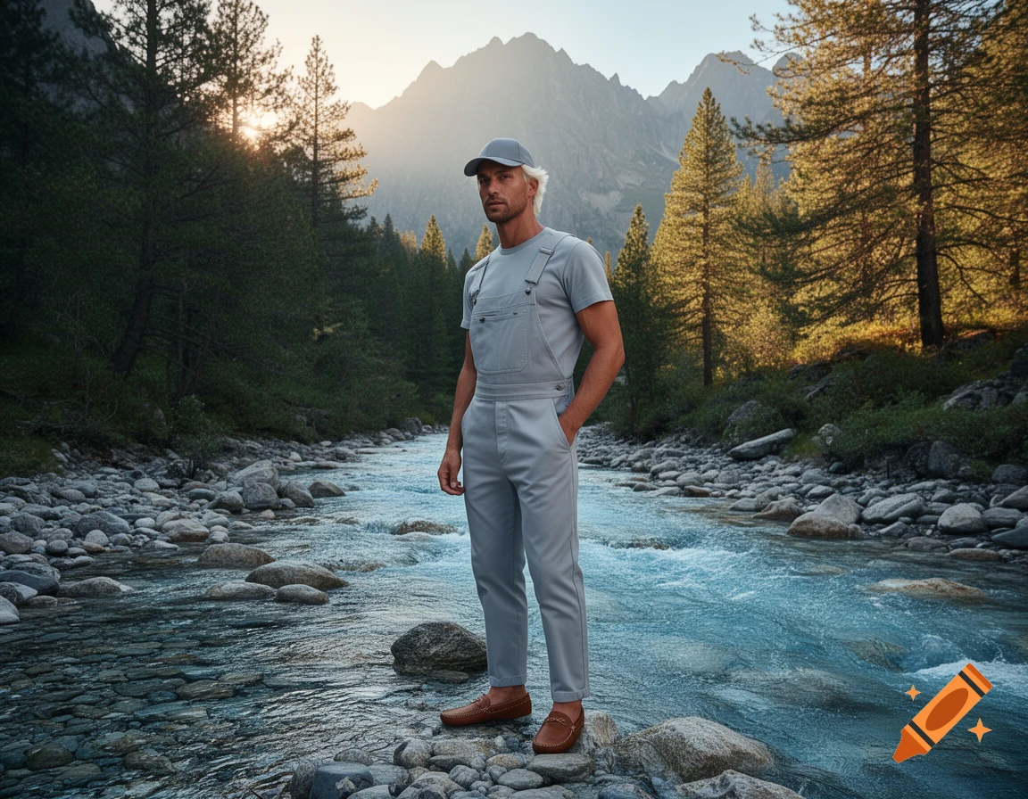 A man with white-blonde hair, wearing a gray cap, gray overalls, and brown loafers, stands on rocks in a flowing mountain river with a forest and mountains in the background at sunset.
