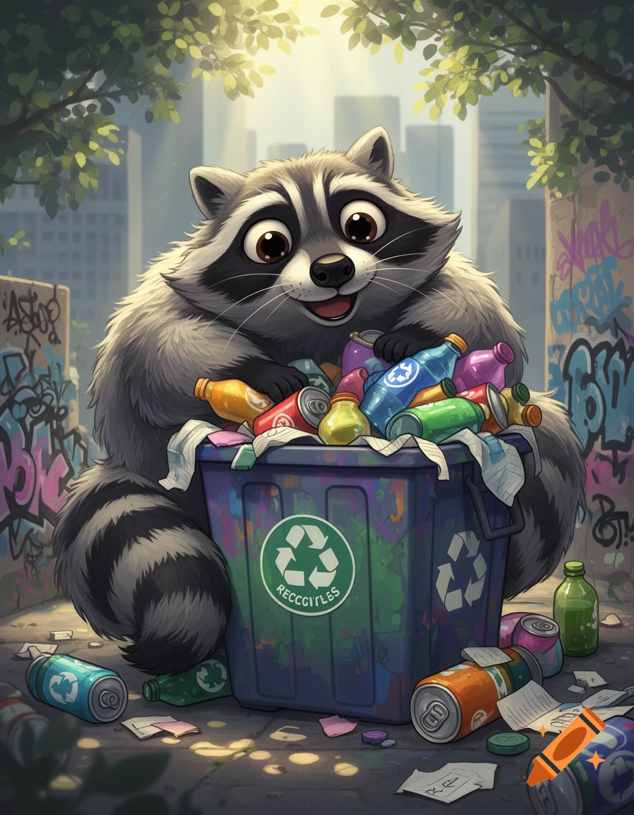A fluffy, cartoon raccoon with big eyes sits in front of an overflowing recycling bin in an urban alley, surrounded by discarded plastic and metal.