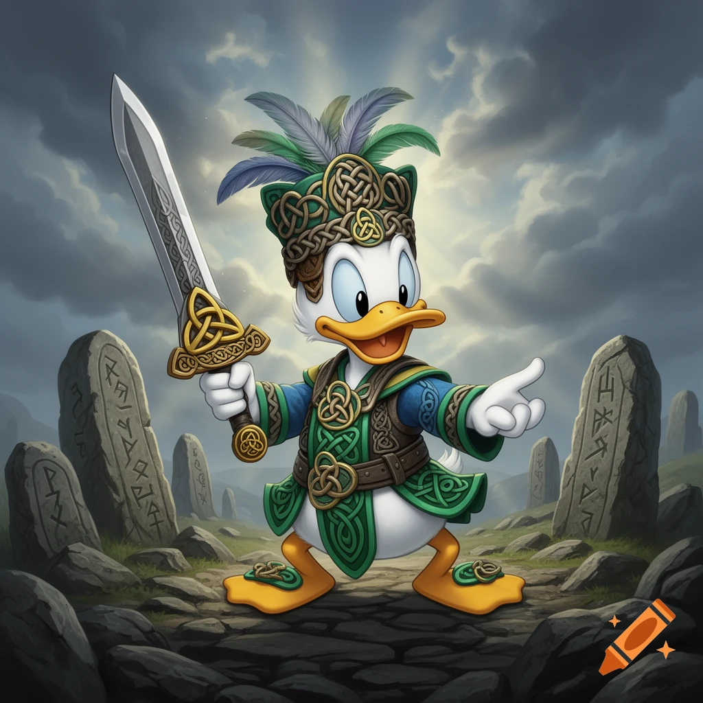Donald Duck dressed as a Celtic warrior, holding a sword and pointing, surrounded by ancient standing stones.