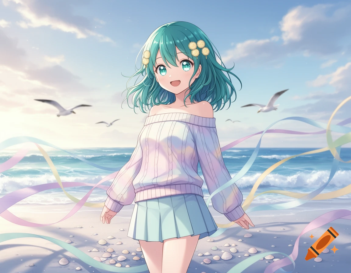 A smiling anime girl with teal hair stands on a sunny beach, wearing an off-shoulder sweater and a pleated skirt.