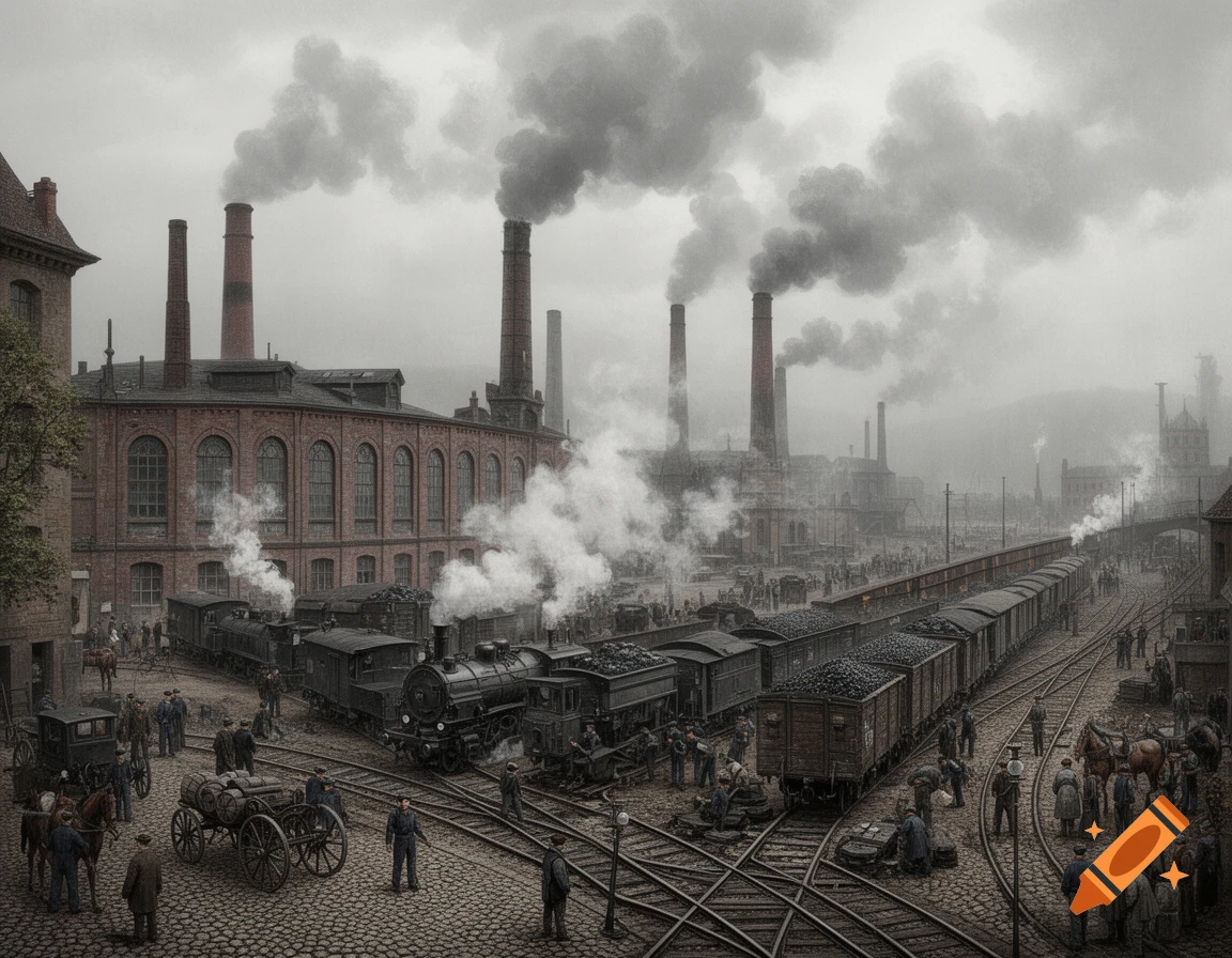 Busy historical industrial scene with steam trains, coal cars, workers, and factories emitting smoke under a cloudy sky.