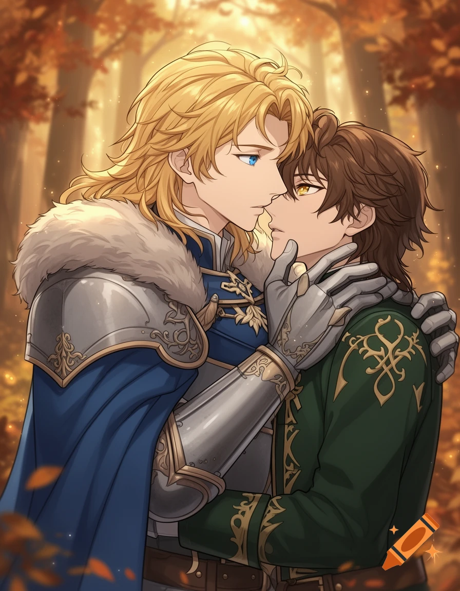 Anime-style illustration of two men, one in blue and silver armor, the other in green and gold, embracing and about to kiss in an autumn forest.