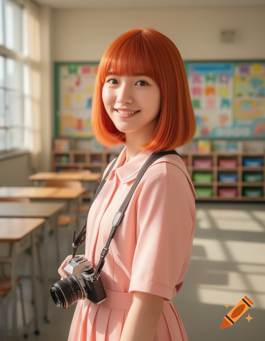 A smiling young woman with orange hair in a pink dress holds a camera in a bright classroom.