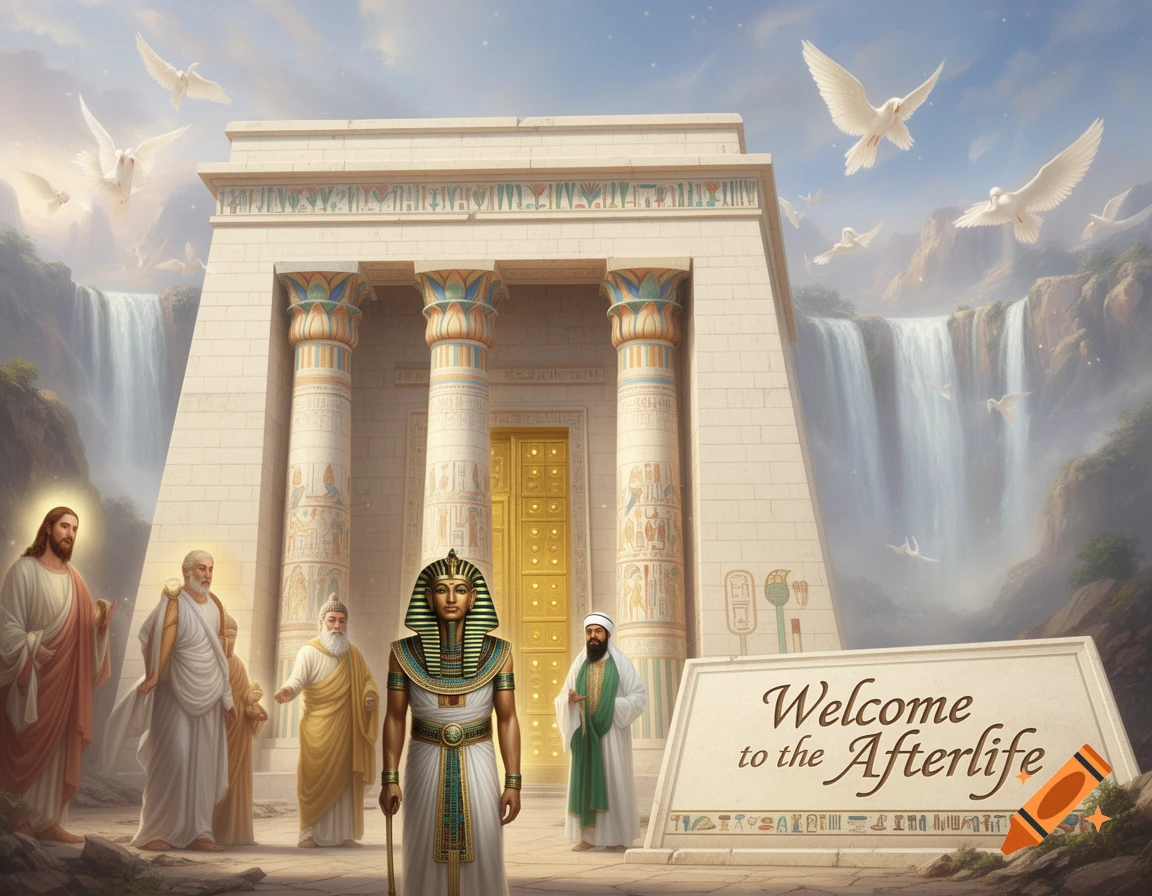 Jesus, Moses, Buddha, Mohammad, and a Pharaoh stand before an Egyptian temple in a heavenly landscape with waterfalls and flying doves. A sign reads 'Welcome to the Afterlife'.