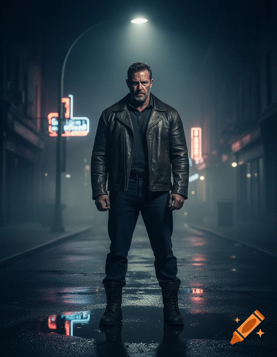 A stern man in a leather jacket stands under a streetlamp on a wet, dark city street.