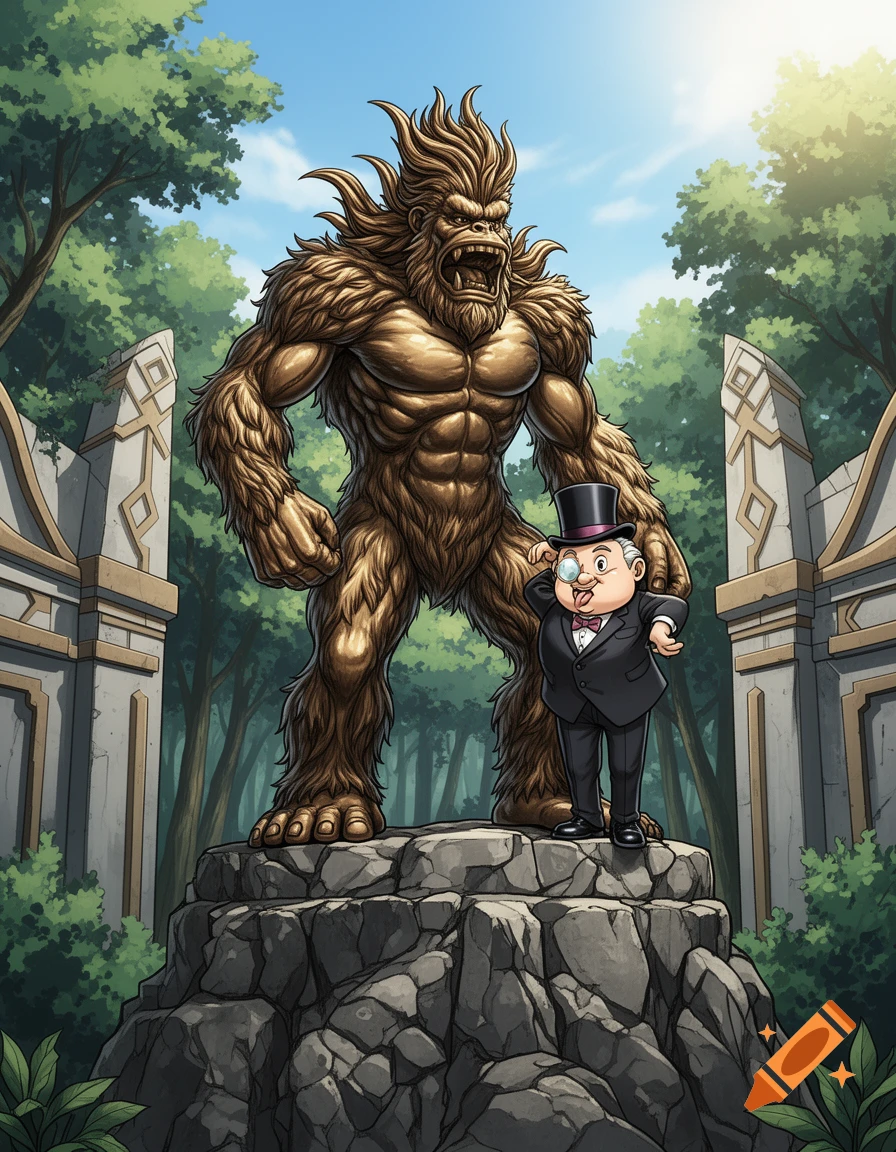 Cartoon of a roaring, bronze-colored Bigfoot statue beside a small, posing man in a top hat, on a rocky platform in a forest.