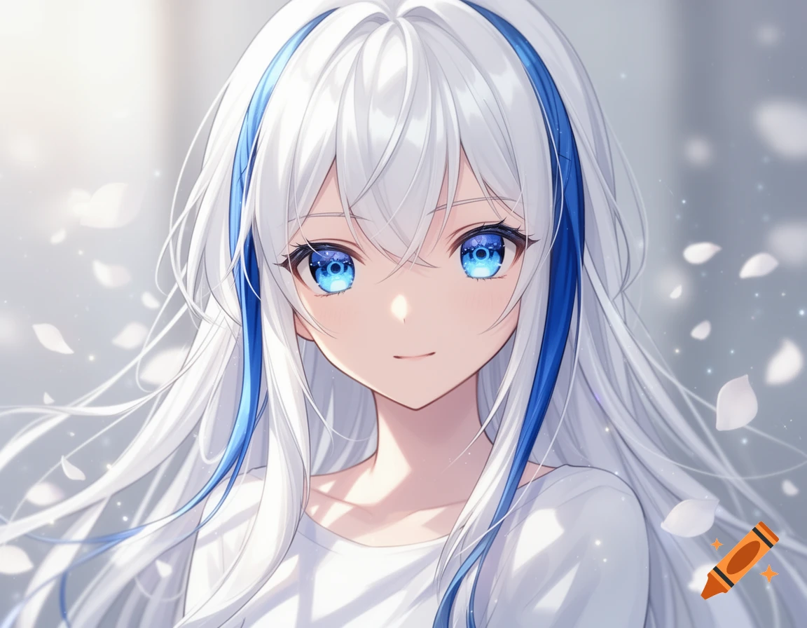 Close-up of an anime girl with long white hair, blue streaks, and bright blue eyes, wearing a white top, against a soft, light background with falling white petals.