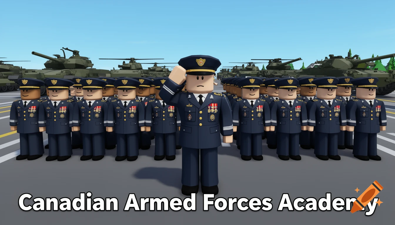 Roblox-style military figures in blue uniforms saluting, with tanks in the background. Text: Canadian Armed Forces Academy.
