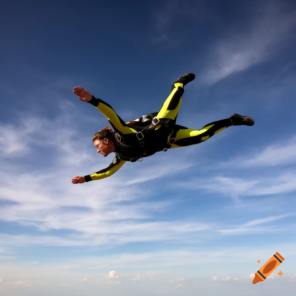 A skydiver in a black and neon yellow suit with arms and legs spread, falling through a bright blue sky with scattered white clouds.