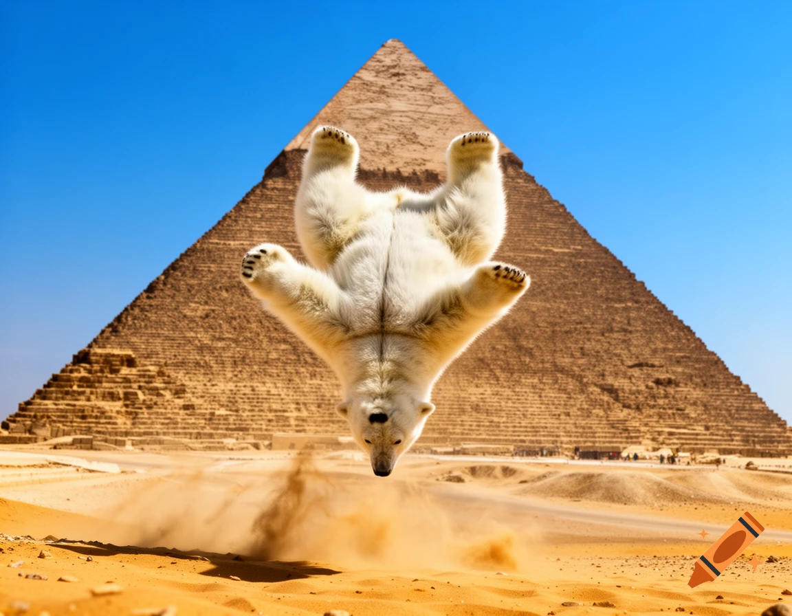 Photorealistic polar bear doing a backflip over desert sand with a large pyramid in the background under a clear blue sky.