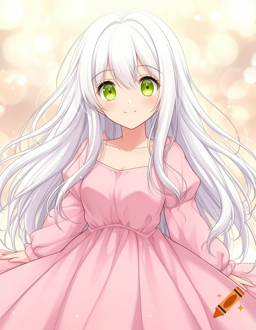 Anime girl with long white hair and green eyes wearing a pink dress, smiling against a bokeh background.