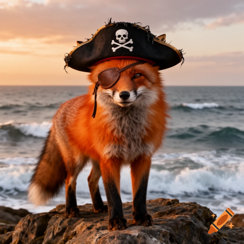 A photorealistic red fox wearing a pirate hat with a skull and crossbones and an eye patch, standing on rocks by the ocean at sunset.