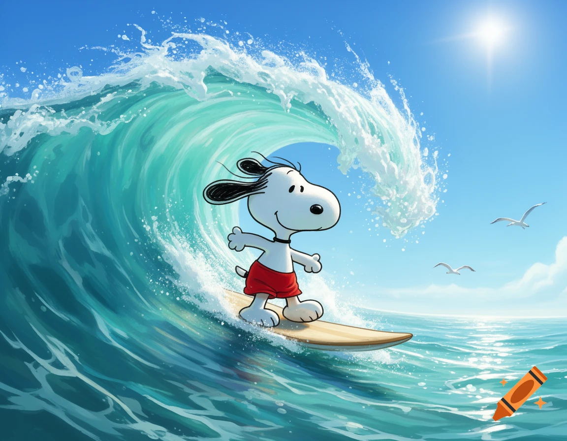 Snoopy the white beagle surfs a large blue ocean wave under a bright sky, with seagulls flying. Cartoon style.