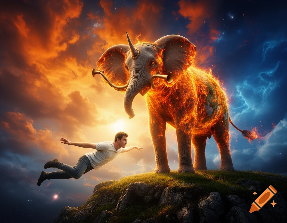 A man in a white shirt flies towards a majestic, fiery elephant with a horn and trumpets as tusks, set against an epic orange and blue cloudy sky.