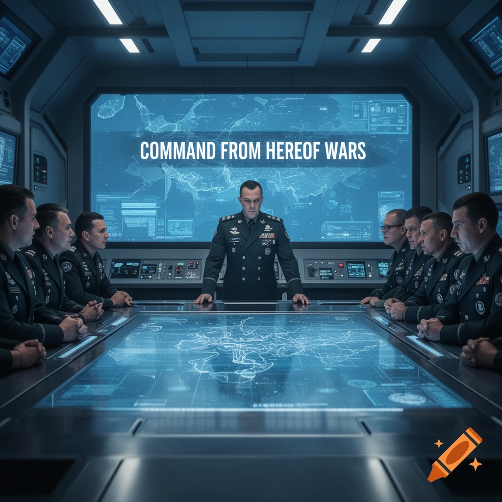 Photorealistic image of military officers in a futuristic command center with digital maps and the text "COMMAND FROM HEREOF WARS" on a large screen.