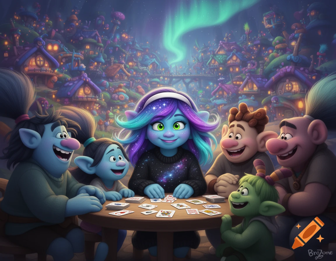 Troll characters from BroZone and their younger sister play cards at a table in a colorful village under an aurora sky, in a fan art style.