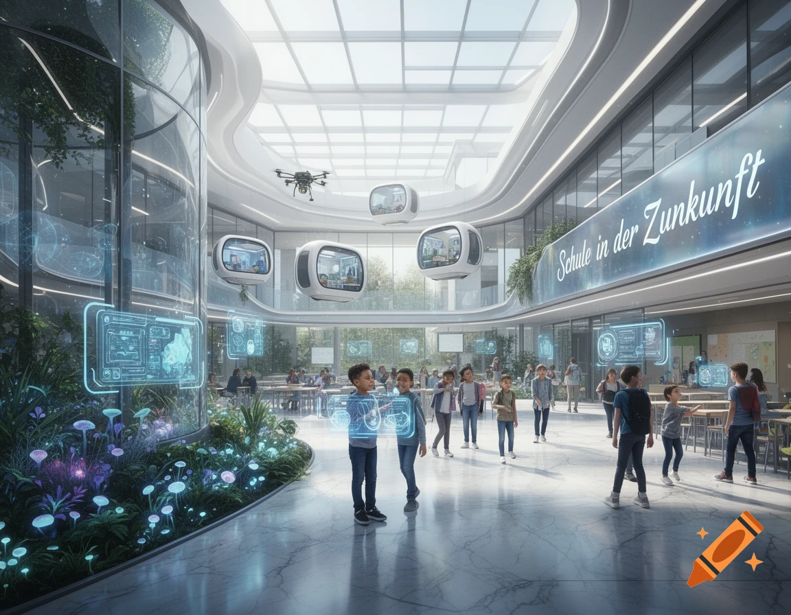 A futuristic school atrium with children, holographic interfaces, floating pods, and lush plant displays under a glass roof. The main hall features a sign that reads 'Schule in der Zukunft'.