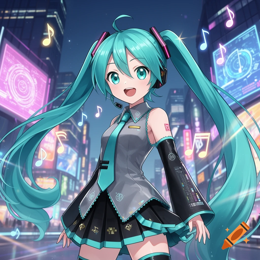 Hatsune Miku with long blue pigtails in a futuristic city at night, surrounded by musical notes, in anime style.
