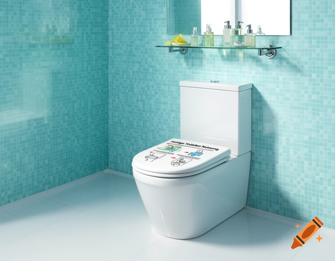 A clean, modern bathroom with turquoise mosaic tiles on the walls and a white toilet. The toilet lid features diagrams and text for proper usage.