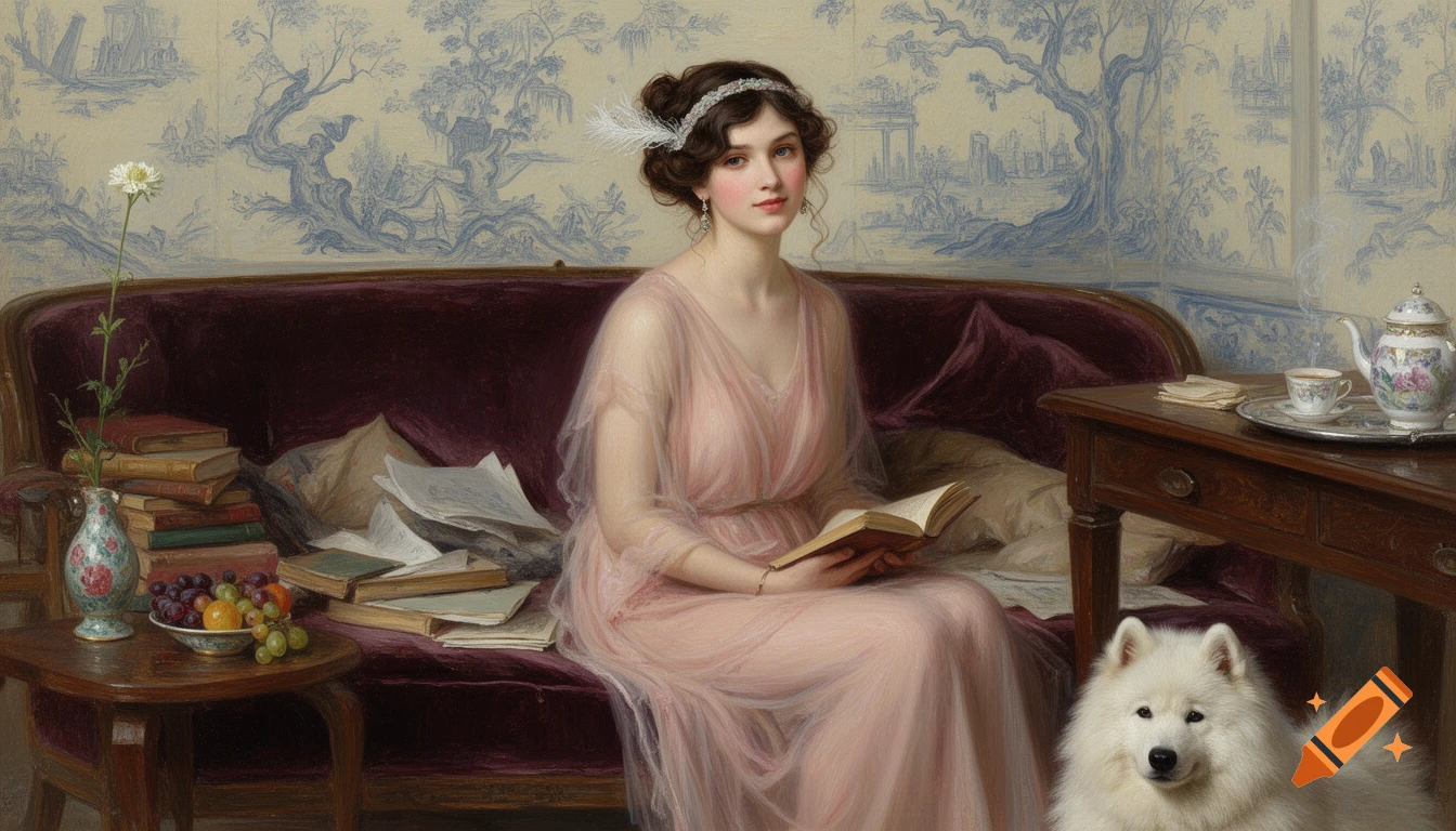 Impressionist painting of a woman in a pink dress reading on a purple sofa, a Samoyed dog sitting nearby, in a room with chinoiserie wallpaper.