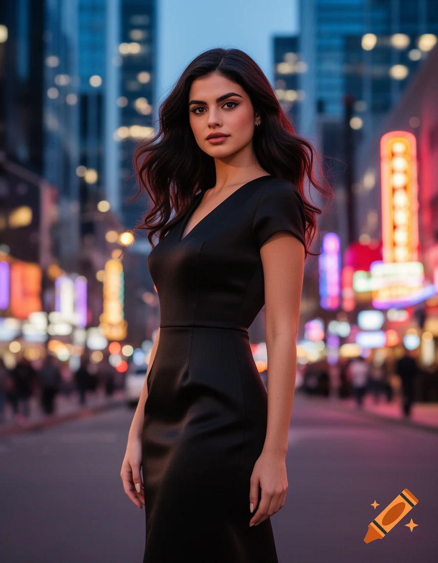 Photorealistic portrait of a woman with dark hair in a black dress standing on a city street with blurry neon lights at dusk.
