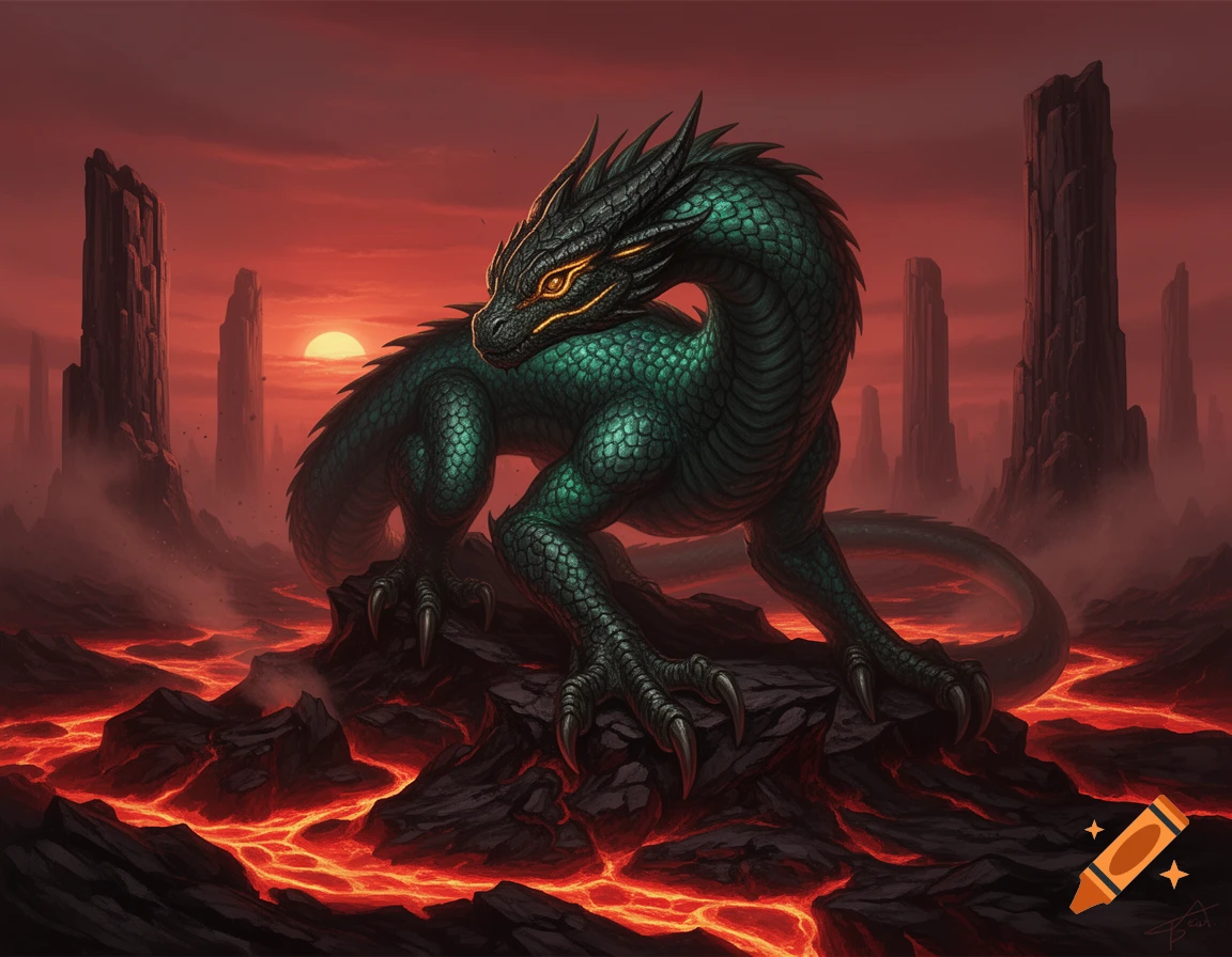 A green dragon with glowing orange eyes in a volcanic landscape with molten lava and dark rock formations under a red sky with a setting sun.