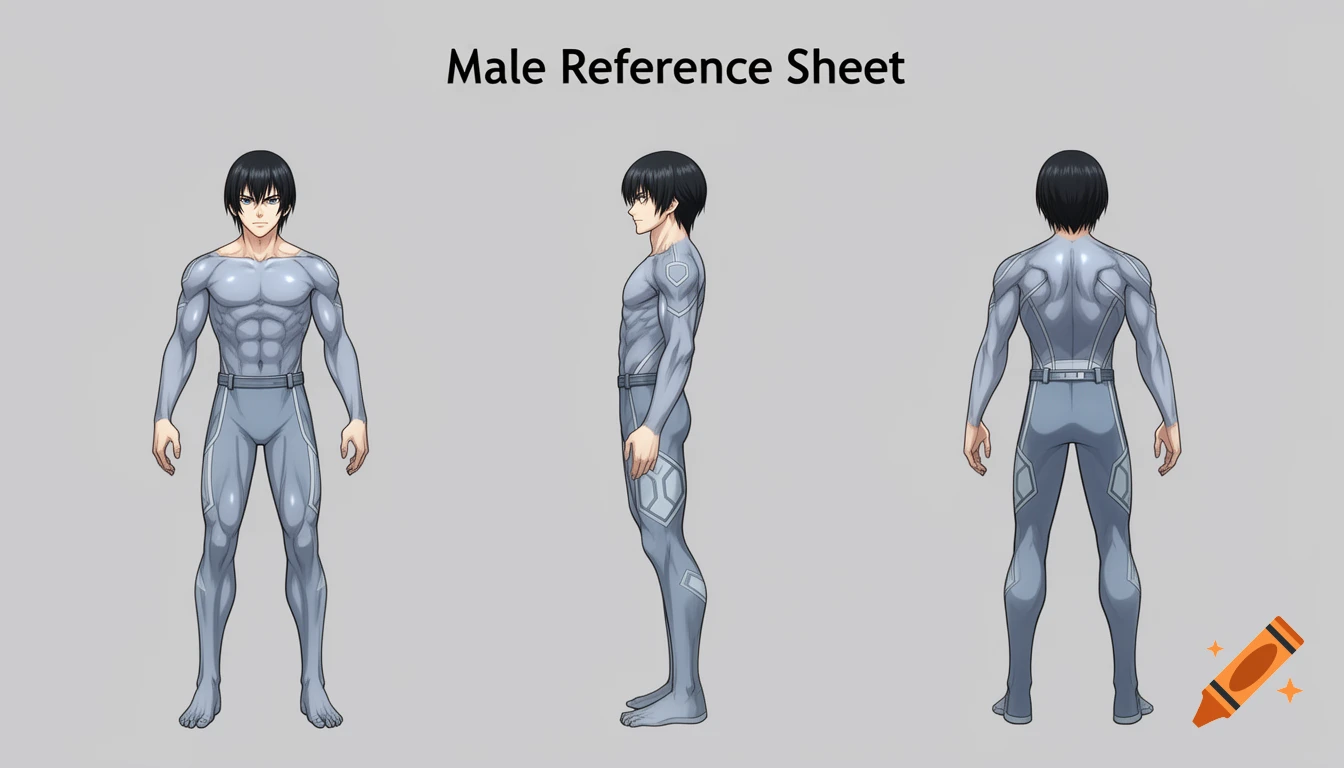 Anime style male character reference sheet with front, side, and back views, wearing a grey form-fitting suit.