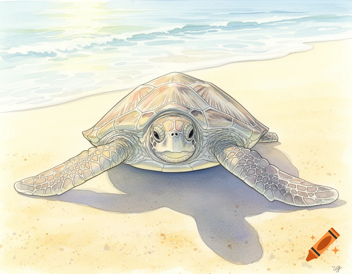 A sea turtle on a sandy beach looking at the viewer, in a watercolor painting style.