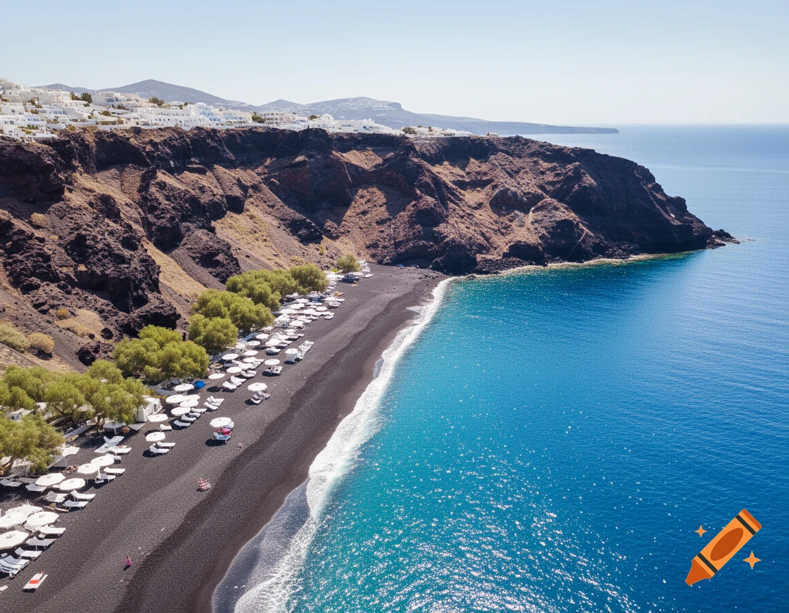 Aerial view of a black sand beach with white umbrellas, vibrant blue sea, and a white village perched on dark cliffs.