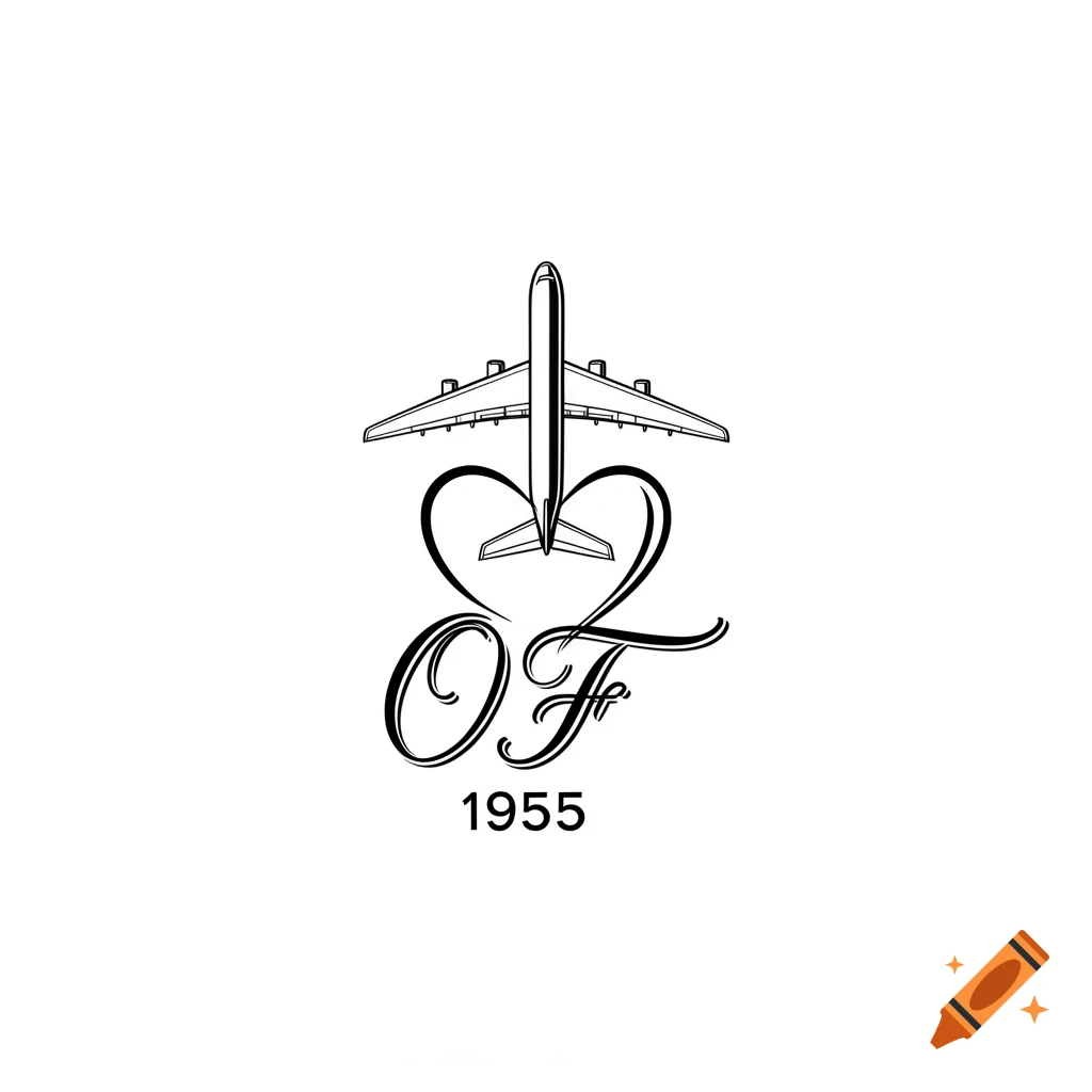 Black fineline drawing of an airplane over a heart, with calligraphic 'OF' and '1955' below on a white background.
