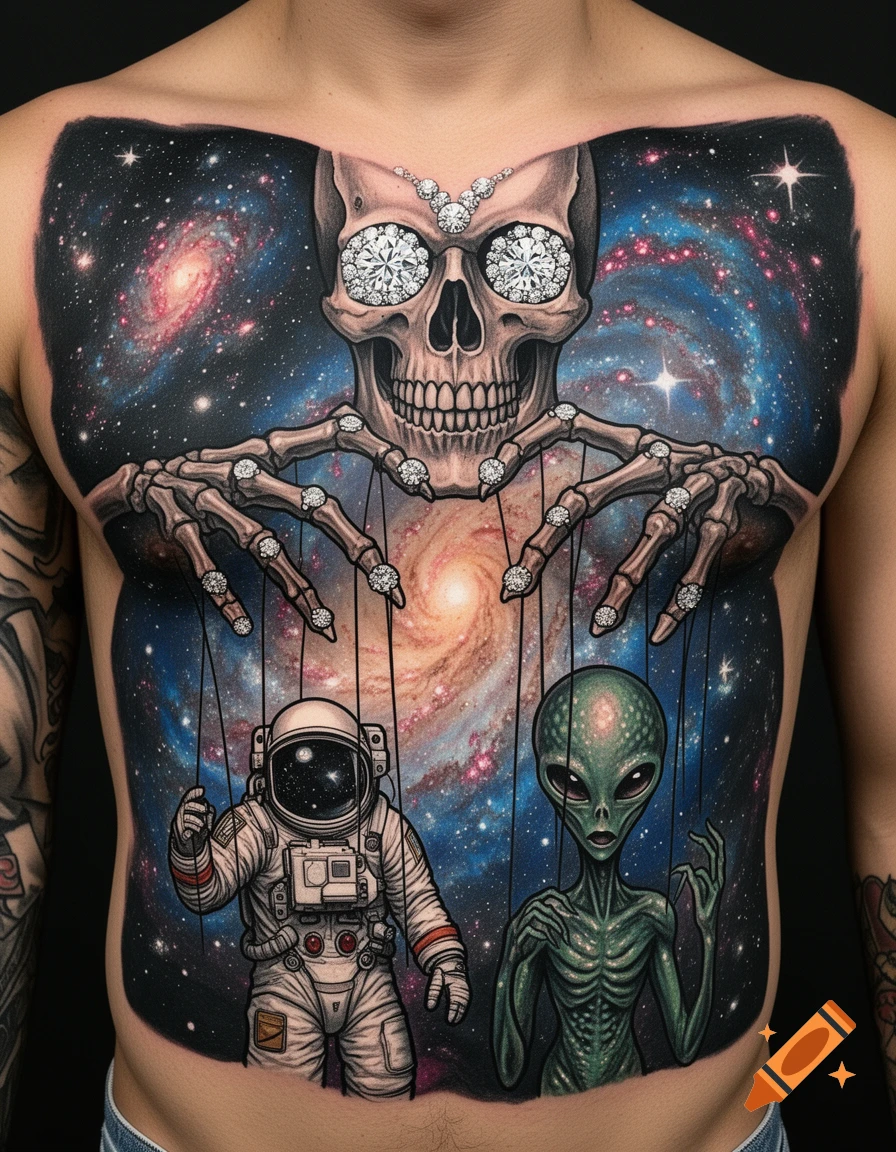 A colorful chest and stomach tattoo depicting a skeletal puppet master with diamond eyes and finger gems, controlling an astronaut and an alien against a vibrant galaxy background.